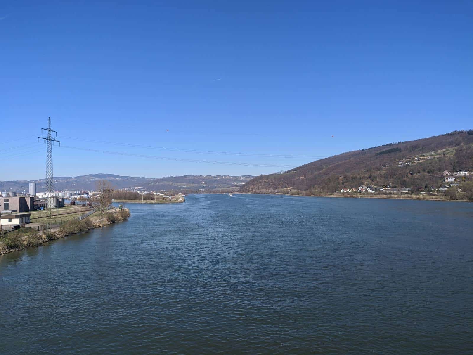 Returning to the Danube and crossing to the north side. Linz is off in the distance to the left