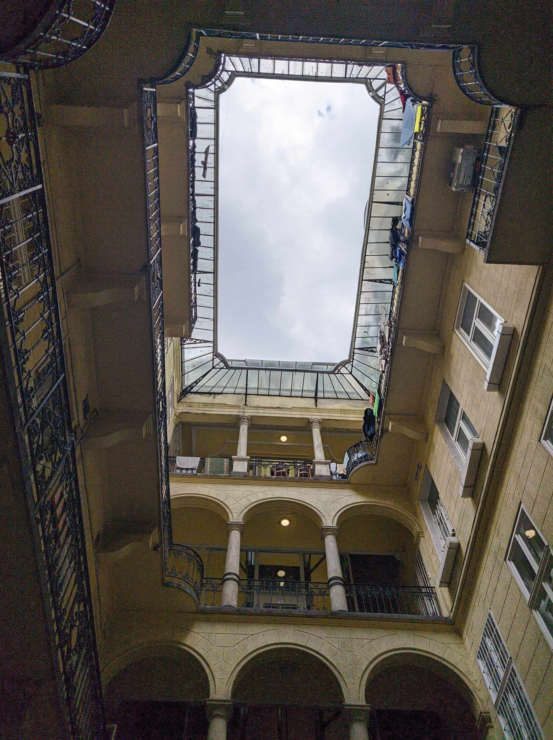 The view up through the courtyard