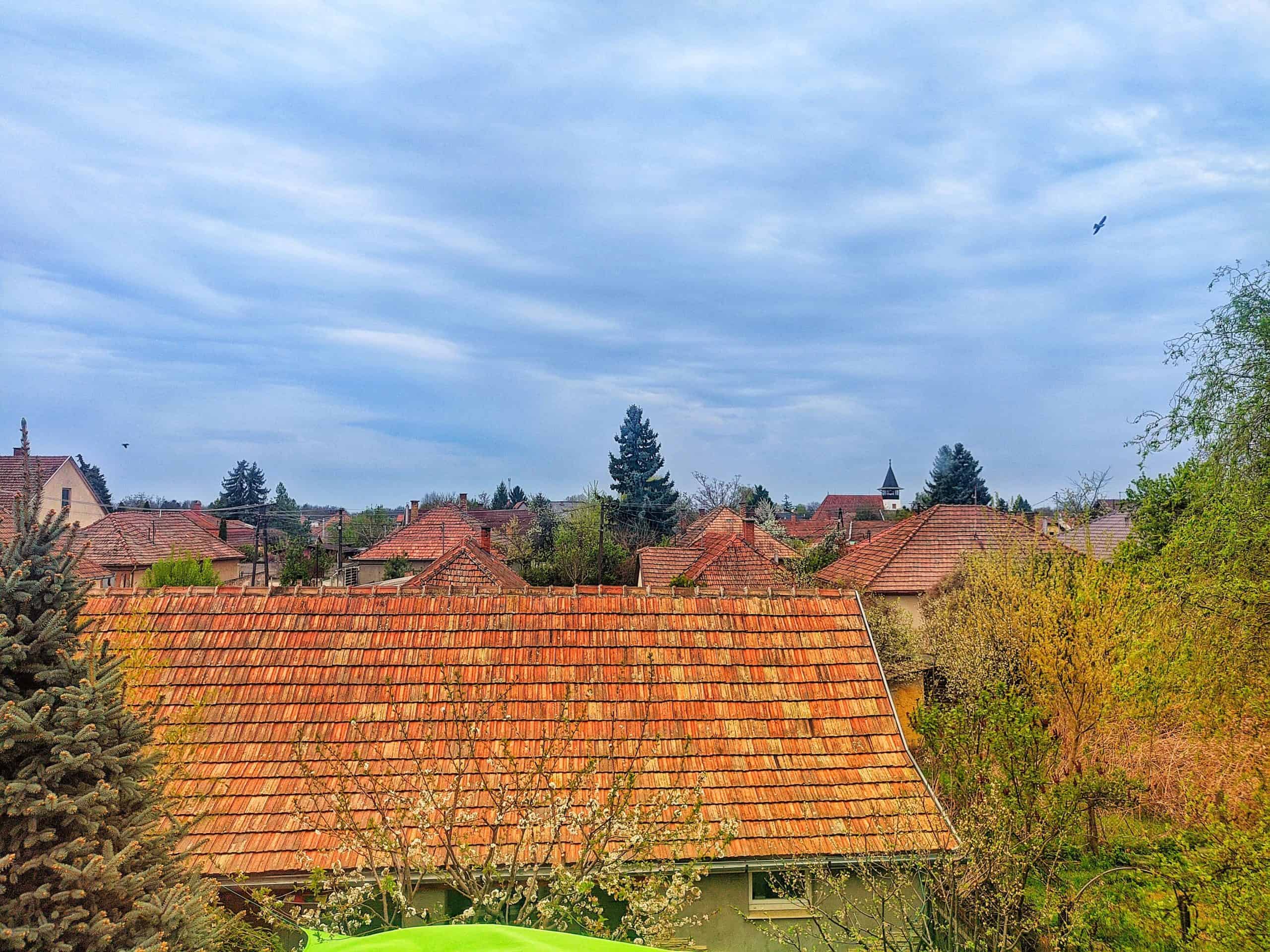 The view from the attic window the next morning, out over Pilis